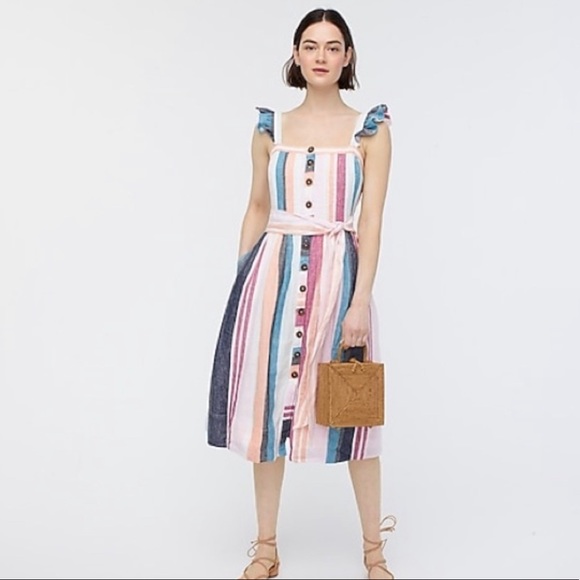 J. Crew Dresses & Skirts - J. Crew Button Front Midi Dress Mixed Multicolor Stripe Linen AK255 NWT 00